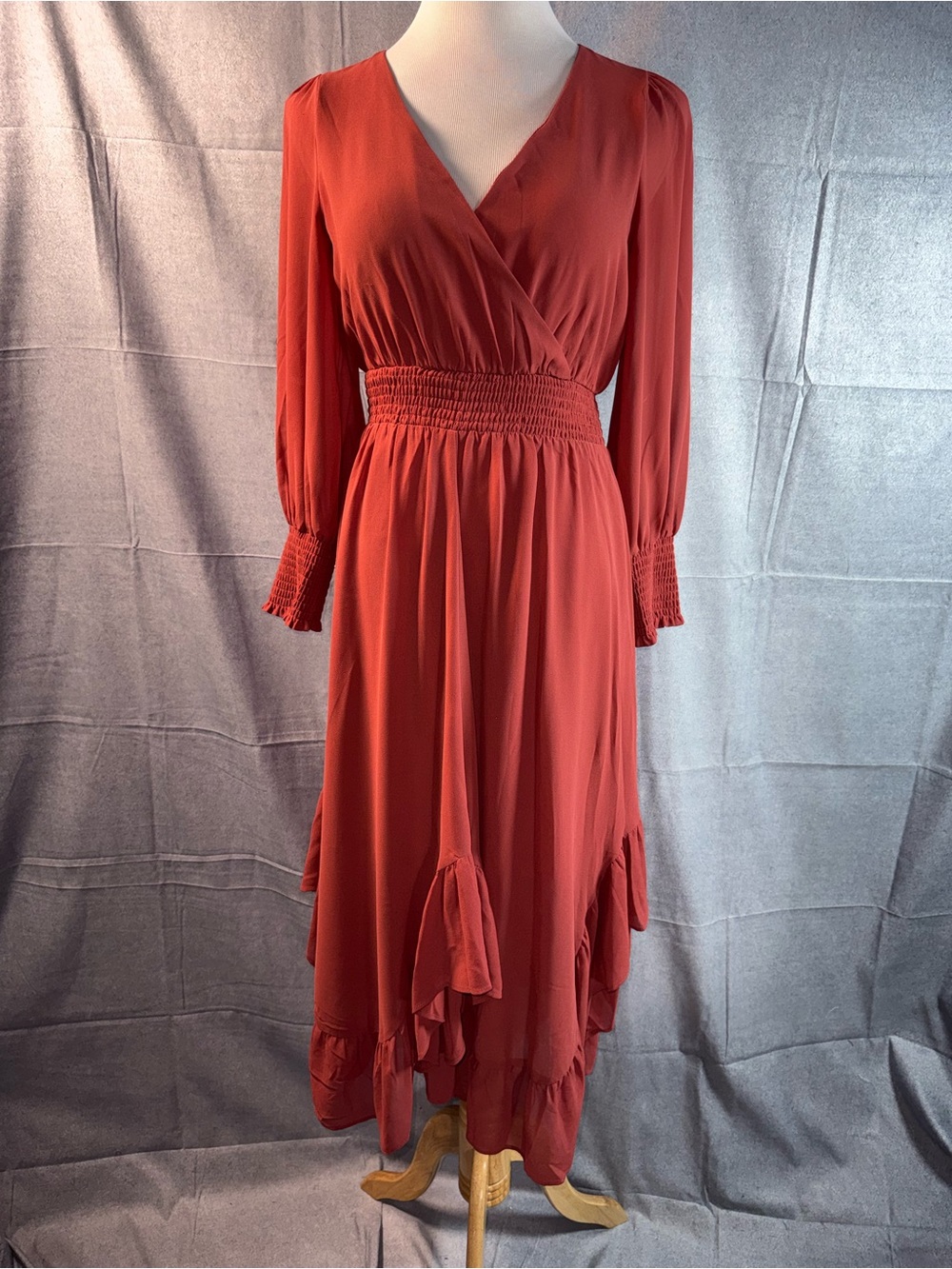 2382-Lush Rust Wrap-Front Long Sleeve Midi Dress